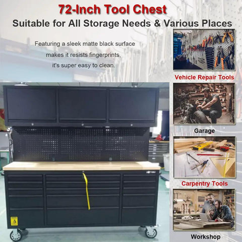 Tough As Nails 72 Inch Rolling Tool Chest With Fifteen Deep Drawers And Three Spacious Upper Cabinets heavy-duty steel build with matte black finish.