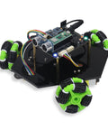 Freenove Omni Wheel Car Kit with Raspberry Pi Pico W, black chassis, green/black omni wheels, MCU board and sensors.