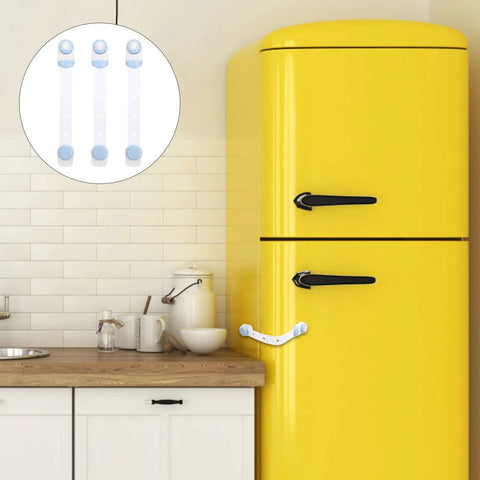3 Pack Cabinet Locks Safety Latch For Fridge And Freezer Doors No Punch Design Easy Install White PP Material on yellow fridge