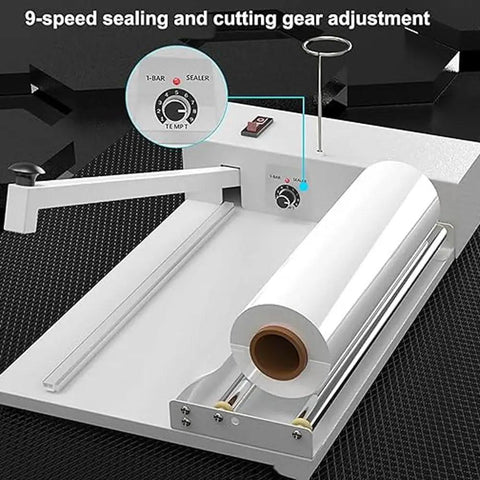 Shrink Wrapping Sealer Machine With 1800W Heat Gun For Home Shop Business Use Adjustable Temperature Settings showing 9-speed sealing controls.