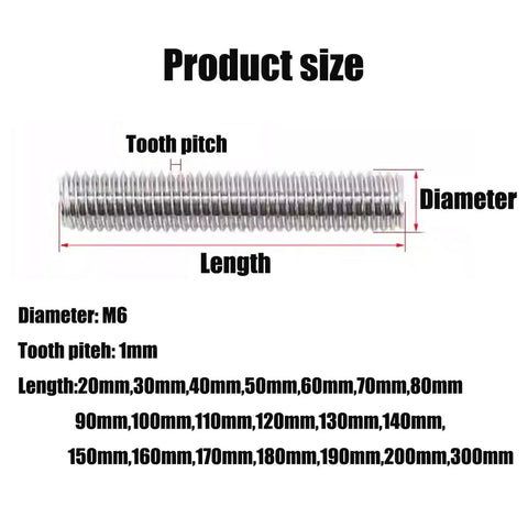 Heavy Duty M6 Stainless Steel Fully Threaded Rods 20 to 300mm Kit for Anchor Bolts Hangers with product size dimensions
