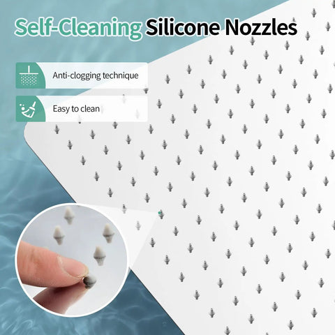 Self-cleaning silicone nozzles on sixteen inch rain shower head with high pressure rainfall large waterfall design