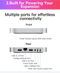 Kickin 2TB NVMe Dock For Mac Mini M4 With Hella Fast 80Gbps USB C Hub showing front and rear ports for connectivity.