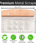 Dough Scraper and Bench Scraper Kitchen Tool Set in Stainless Steel with measurement guide and ergonomic wooden handle.