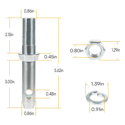 Diagram of Cat 1 Draw Pin Hitch Pin Set For Tractors - 5-1/2 Inch Universal Forged Lift Arm Top Link Pins with dimensions
