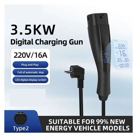 Sleek Portable Ev Charger With Type 2 Connector And EU Plug Brings Smooth Plug And Play 16a 3kilowatt Charging for Electric Vehicles with Digital Display.