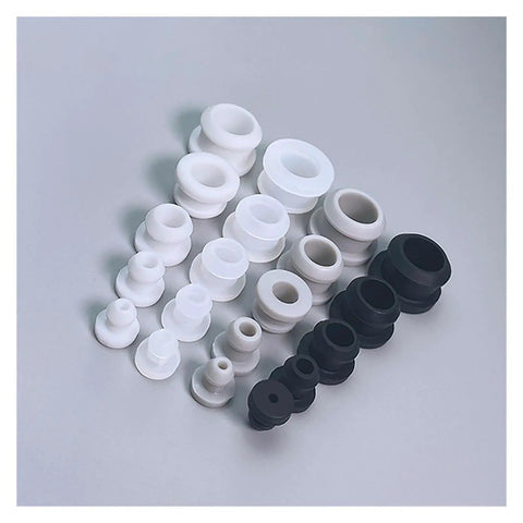 Assorted sizes of Five Pack Silicone Hole Plugs Snap On End Caps 2.5mm To 30mm, shown in black and white.