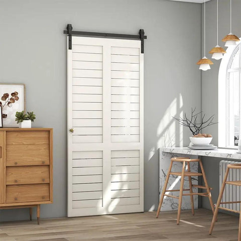 Bi-Folding Sliding Barn Door Hardware Track Kit For Two Doors, installed in modern kitchen with wooden furniture.
