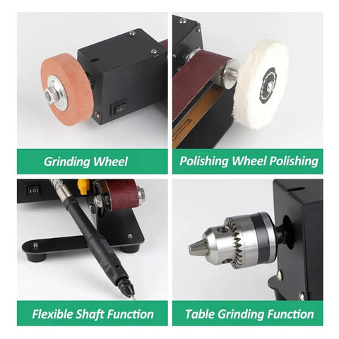 Mini Electric Belt Sander For Woodworking Versatile Small Bench Grinder With 7 Speed Settings showcasing grinding and polishing wheels.