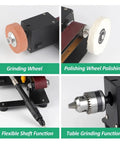 Mini Belt Sander Electric Bench Grinder With 7 Speed Settings For Woodworking And Metal Polishing Compact Desktop Sanding Machine with grinding and polishing wheels.