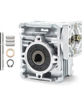 Front view of Jecoupoon NMRV-030 worm gear reducer in silver aluminum housing with shaft and seals