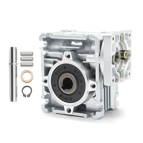 Front view of Jecoupoon NMRV-030 worm gear reducer in silver aluminum housing with shaft and seals