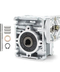 Beefed-Up NMRV 030 Worm Gear Reducer For NEMA 23 Motors 30 To 1 Reduction, showing components and metal housing for installation.