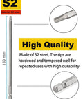 Long Magnetic Square Drive Screwdriver Bit Set, 1/4 Inch Hex Shank, 6 Inch Length, 10-Piece S2 Steel Bits, 150mm length, S2 material