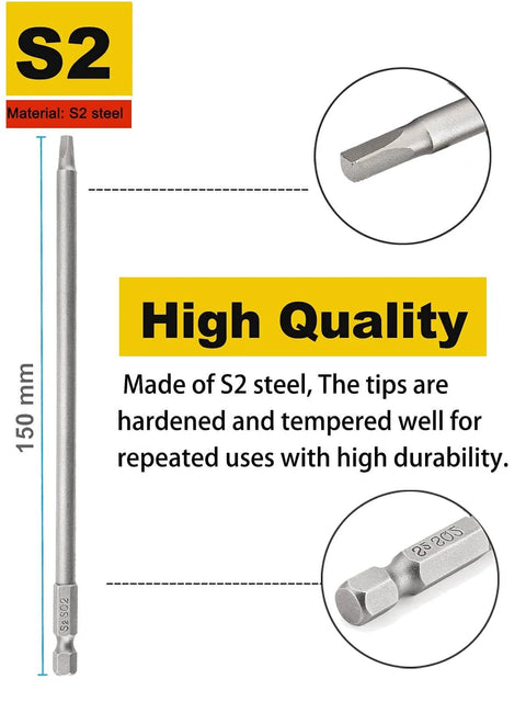 Long Magnetic Square Drive Screwdriver Bit Set, 1/4 Inch Hex Shank, 6 Inch Length, 10-Piece S2 Steel Bits, 150mm length, S2 material