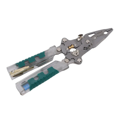 Hella Versatile Foldable Wire Stripper And Compact Hand Pliers With Built In Voltage Tester for Pro Electricians, featuring metallic jaws.
