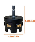 Heavy Duty Threaded Rod Nut Runner And Nut Zipper Drill Attachment with size markings for 1/4 and 3/8 inch rods.