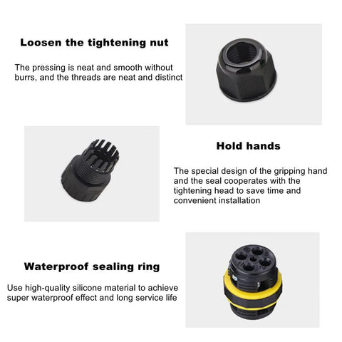 Front view of black M20 IP68 waterproof 4-pin electrical junction connector with sealing ring for LED light strings (2 pcs).