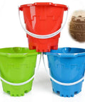 Castle Beach Toy Set For Kids 3 Pack 7 Inch Sand Buckets in red, green, blue ABS plastic with sandcastle imprint visible.