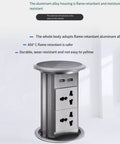 Slick Auto Rising Desk Power Strip With Fast Wireless Charger Tempered Glass Top showing aluminum alloy housing with USB ports.