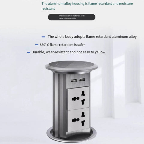 Slick Auto Rising Desk Power Strip With Fast Wireless Charger Tempered Glass Top showing aluminum alloy housing with USB ports.