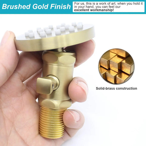 Hand holding solid brass shower body jet with adjustable flow, high pressure massage round spa spray jet, brushed gold finish.