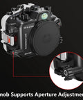 Underwater Housing For Sony A7 IV With FL16 55 Flat Port 40 Meters 130 Feet Dive Ready Waterproof Case showing control knobs.