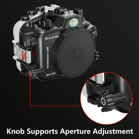 Underwater Housing For Sony A7 IV With FL16 55 Flat Port 40 Meters 130 Feet Dive Ready Waterproof Case showing control knobs.