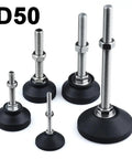 Rock Solid Adjustable Leveling Feet Set Of 4 With Swivel Base And Rust Resistant Threaded Pads For Heavy Equipment Support Quick Height Tweaks On Uneven Ground, five metal feet with rubber pads.