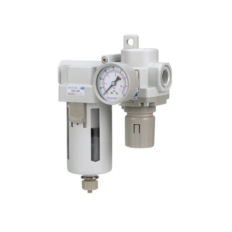 Heavy Duty Air Filter Regulator Combo With Three Quarters Inch NPT, Poly Bowl And Metal Guard, Manual Drain, Gauge, And Mounting Bracket