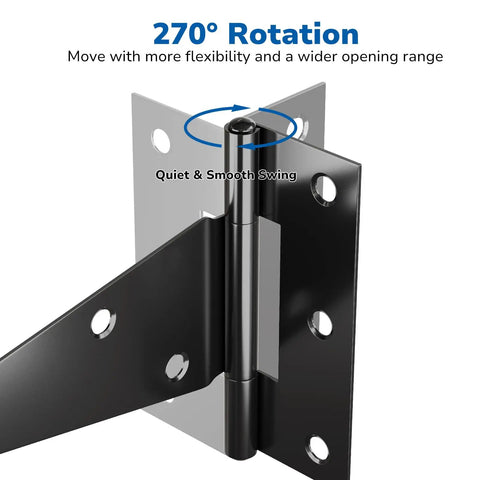 Heavy Duty 8 Inch T Strap Hinge Pack Of 6 For Wood Doors And Gates Ideal For Outdoor Sheds Barns And Fences Tee Hinge Black Screws Included For Easy Installation Durable Steel Construction Smooth 270 Degree Swing, black steel hinge with 270° rotation