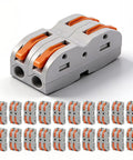 Double Wire Push In Terminal Connectors Kit No Fuss Fire Resistant Lever Lock Wire Connectors Tool Free Quick Connect For Home Auto LED Strip Wiring Easy Install Flame Retardant Nylon 30 Pack showing connectors close-up.
