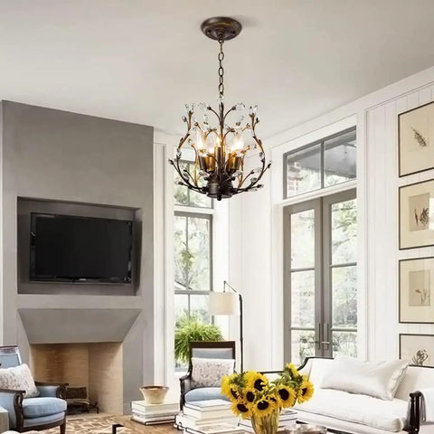 5 Light Branches Crystal Chandelier Vintage Style Ceiling Light Flush Mount with transparent crystals in living room setting.