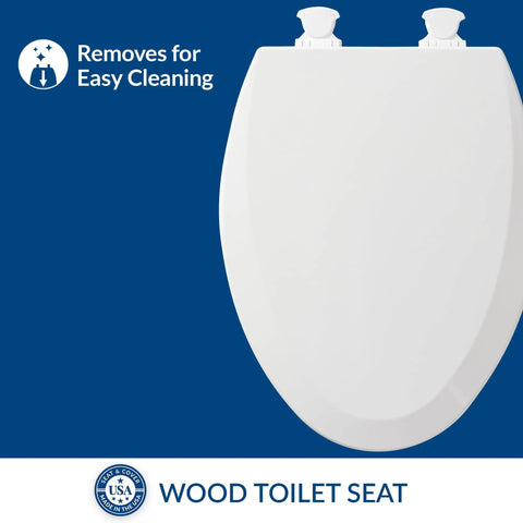 Built To Last Wooden Toilet Seat With Easy Clean Hinges Elongated White Made In USA Smooth Contours For Modern Bathrooms