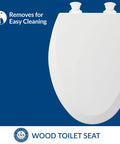 Durable Wood Toilet Seat With Easy Clean Hinges, Elongated White, 6 Pack, Made In USA, showcases quick-release hinges for cleaning.