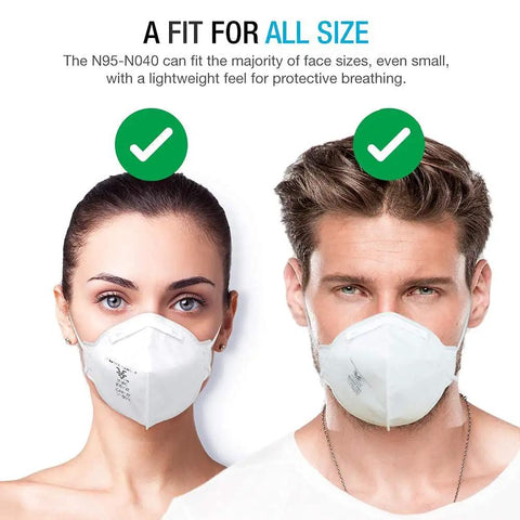 Two people wearing NIOSH Certified N95 Mask Particulate Respirator For Everyday Use With Adjustable Nose Clip And Latex Free All Day Comfort 95 Percent Filtration Pack Of 10 Model FT N040 TC 84A 7861 Approved