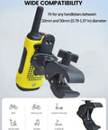 Heavy-Duty Motorcycle Walkie Talkie Mount for Bikes and ATVs with 0.79-1.97 Inch Clamp, showing compatibility icons.