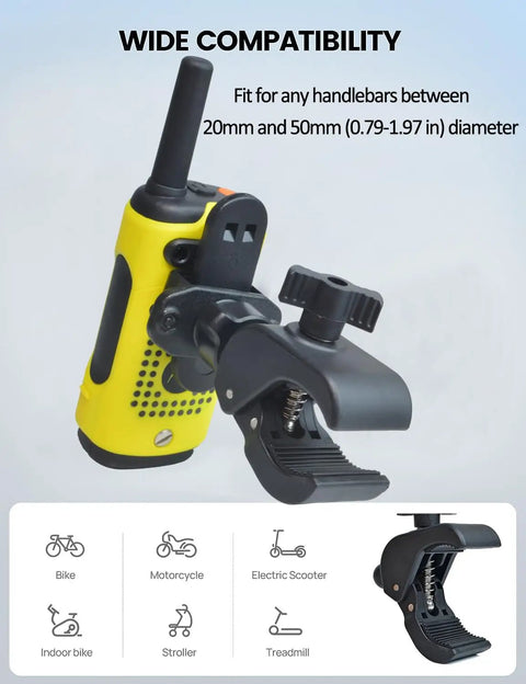 Heavy-Duty Motorcycle Walkie Talkie Mount for Bikes and ATVs with 0.79-1.97 Inch Clamp, showing compatibility icons.