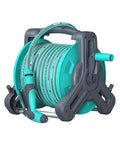 Pretty Slick Portable Garden Hose Reel With High Pressure Water Gun, compact design in turquoise with carry handle for easy transport.