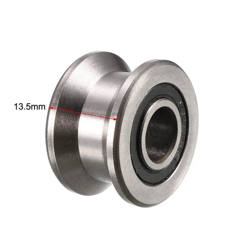 T22 V Groove Ball Bearing with a 13.5mm diameter, designed for shafts under twelve MM, greased for life, in silver color.