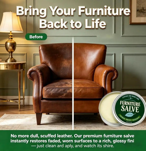 Before and after image featuring a leather chair restored with Heavy Duty Furniture Salve For Wood And Leather Polish Conditioner That Knocks Out Nicks And Buffs Scuffs While Delivering A Smooth Satin Finish To Keep Your Home Goods Looking Sharp.