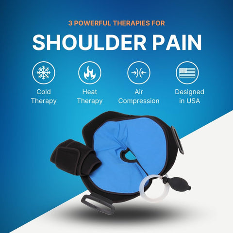 Hot Or Cold Therapy Shoulder Ice Pack Wrap That Hooks You Up With Pain Relief Fast For Rotator Cuff Injuries Surgery And Recovery From Gym Baseball Or Pitching Sessions, showing black and blue design with pump for air compression.