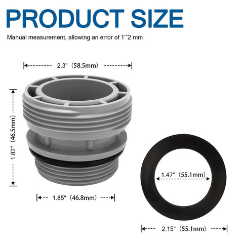 Pool Hose Adapter Kit 40mm To 1.5 Inch For Above Ground Pools product dimensions, showing adapter size and gasket measurements.