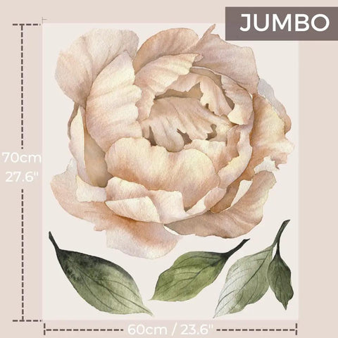Jumbo Peony Watercolor Wall Decals Set, Large Floral Peonies with three green leaves on sheet, 70x60cm, room decor.