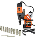 Job Site Ready Magnetic Drill Press With 1700W Variable Speed Motor And Weldon Shank Punching Clean Holes In Thick Steel Featuring 13 Piece Annular Cutter Set With One Inch Cut Depth And Tough Carry Case Built Like A Tank For Tradesmen.