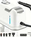 High Performance 2500W Handheld Steam Cleaner With Auto Stop And 15 Piece Accessory Kit, showing unit and accessories for cleaning.