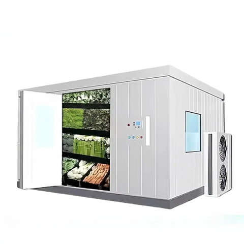 Custom Cold Room Build Top Shelf Heavy Duty Industrial Walk In Freezer with stacked shelves for fish, fruit, and veggies.