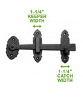 Black Iron Thumb Gate Latch With Rustic Antique Design For Fence And Door Cast Iron Gate Lock Hardware Kit, keeper and catch width shown