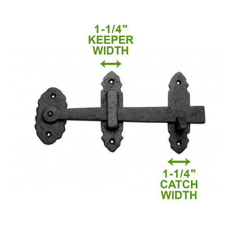 Black Iron Thumb Gate Latch With Rustic Antique Design For Fence And Door Cast Iron Gate Lock Hardware Kit, keeper and catch width shown