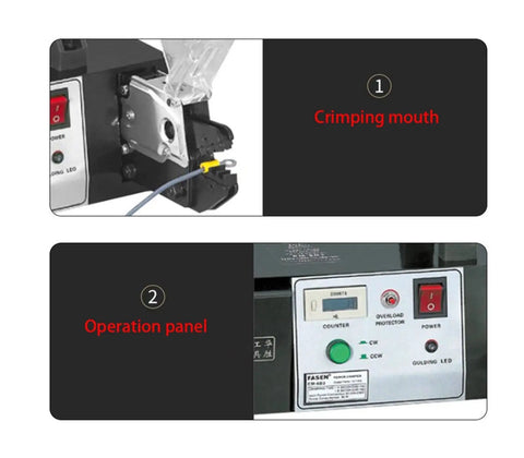 No Sweat Electric Terminal Crimping Machine With Semi Automatic Cold Crimper For Wire Harnesses Up To Ten Square Millimeters crimping mouth and operation panel.